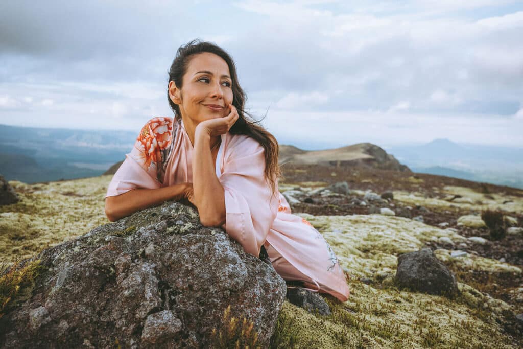Nicky Clinch during her first brand shoot, styled by Nick Onken in earth-toned, flowing fabrics