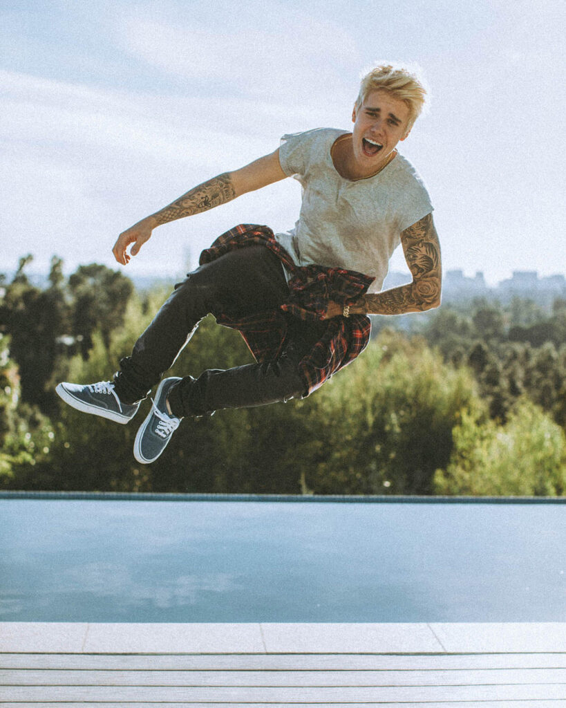 Justin Bieber in candid lifestyle editorial frames, used across multiple campaign formats to drive relatability