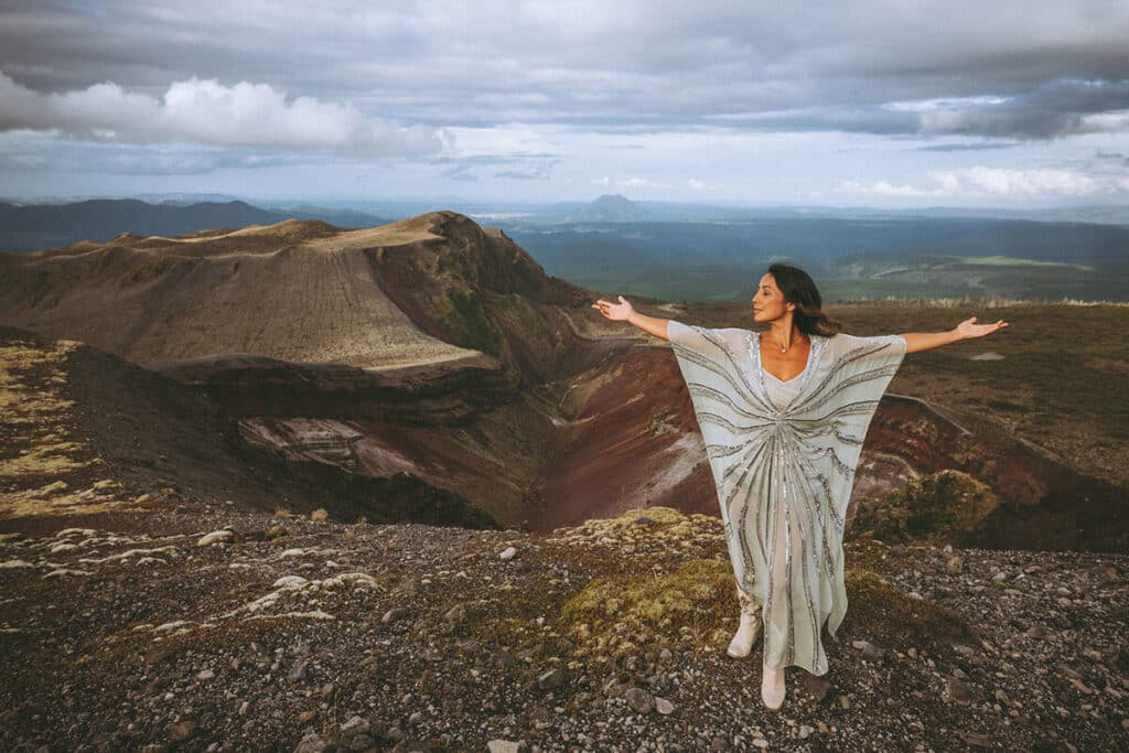 Aerial shot of the volcanic summit Nicky considered shooting on—symbolizing perspective, expansion, and transformation