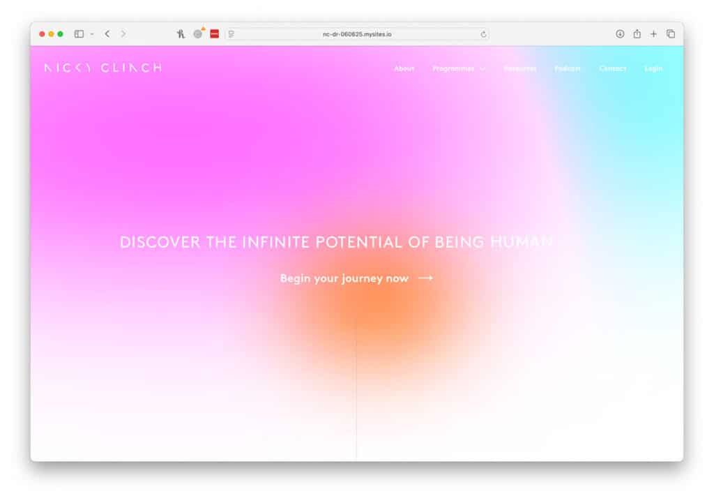 Nicky Clinch’s old website design featuring pastel gradients, abstract colors, and minimal branding — representing her earlier brand phase before creative direction