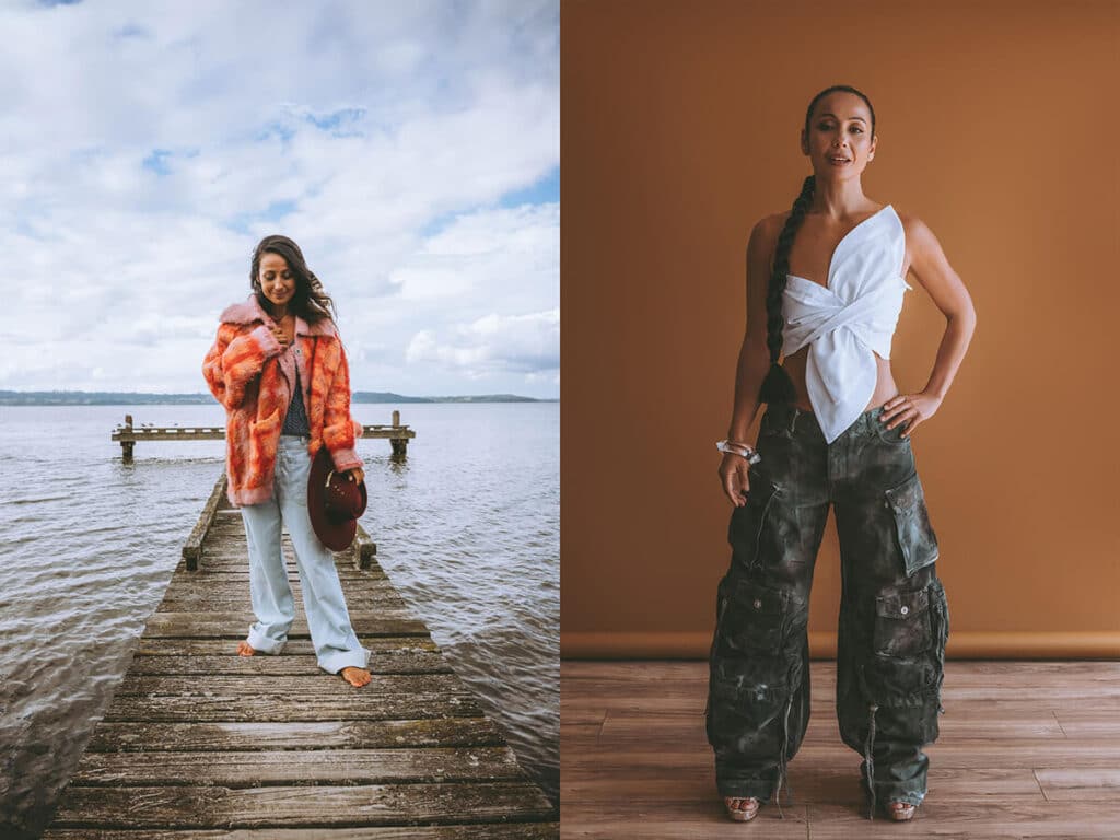Side-by-side portraits of Nicky from both shoots—before and after working with a stylist—showcasing her energetic evolution