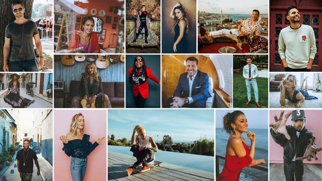 Celebrity entrepreneurs photographed by Nick Onken including Lewis Howes, Jay Shetty, Tony Robbins, Jessica Alba, Peter Crone, Jim Kwik, Danielle Leslie, Vishen Lakhiani, and Justin Bieber in lifestyle and editorial settings