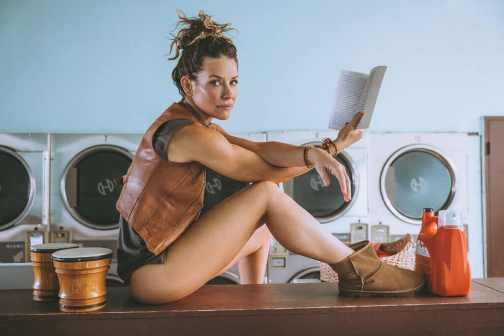 Evangeline Lilly as spiritual teacher showing authentic self in brand photography