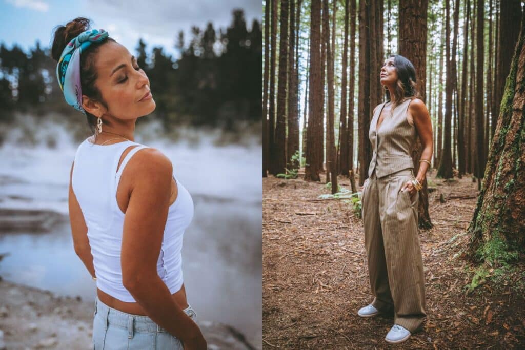 Nicky Clinch photographed in forest and by water during New Zealand brand shoot