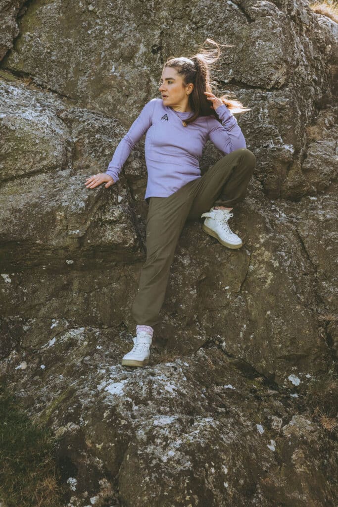 Emma Reicher preparing for brand photography shoot in Wales countryside